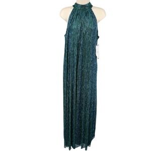 MSK Petite Teal Metallic Halter Wide Leg Jumpsuit NWT Wedding Guest Large